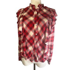 2/$30 Zara Basic Small Denim Red & White Plaid Ruffled Button-Up Blouse